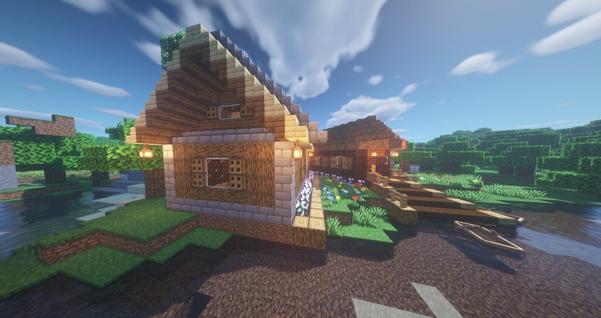 るーるるー 年２６軒目の建築が完成です ウッドハウスを作りました 作った場所の立地を考慮した結果 入り口の通路を斜めにしました ｗ Minecraft マインクラフト