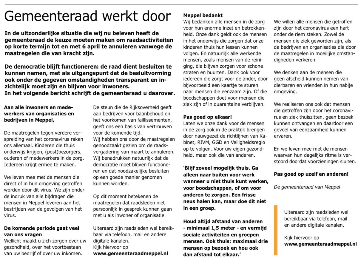 In deze bijzondere tijd leeft de gemeenteraad mee met alle inwoners, organisatie en bedrijven van Meppel. Daarom heeft de raad een brief geschreven aan alle inwoners van onze gemeente. Zorg goed voor uzelf en voor elkaar! De hele brief is te lezen op bit.ly/2JnhgMD
