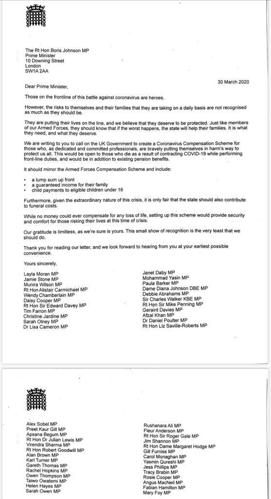 50 cross-party MPs have written to the PM calling for the creation of a Coronavirus Compensation Scheme. Our gratitude to all those on the frontline is limitless. They deserve the security and comfort this would bring. Sign the petition 👉 chng.it/2WCPksc6