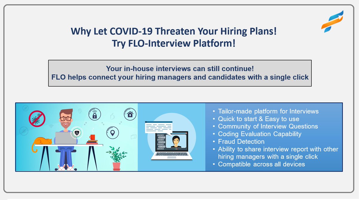 FloCareer's tweet photo. Why Let COVID-19 Threaten Your Hiring Plans!
Try FLO-Interview Platform!
Your in-house interviews can still continue!
FLO helps connect your hiring managers and candidates with a single click.
#lockdown #hiring #business_continuity #video_interviews #interviews
#GlobalPandemic https://t.co/bA74cqyhEl