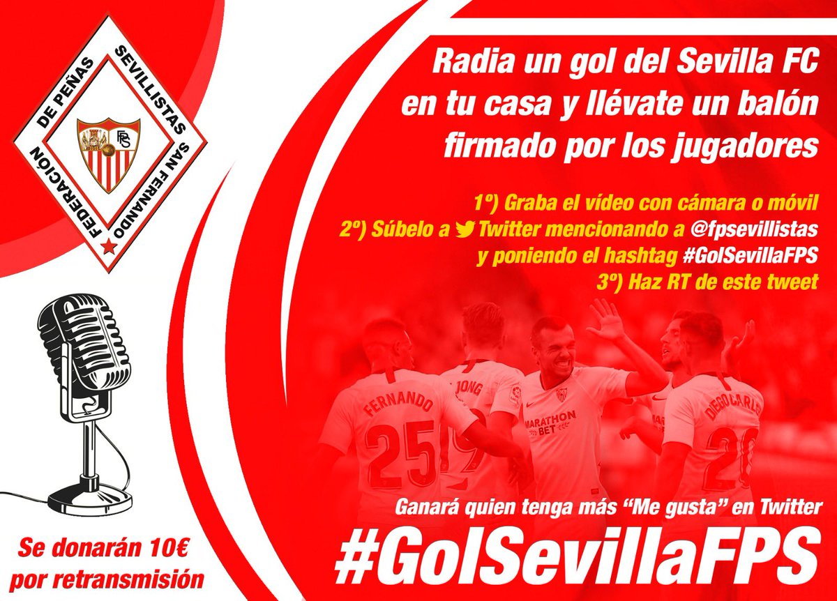 fpsevillistas's tweet photo. Comenzamos desde hoy un nuevo #RetoFPS:
Radia un gol del @SevillaFC, grábate en vídeo y súbelo con el HT #GolSevillaFPS, mencionando a @fpsevillistas.
Se donarán 10€ por cada vídeo subido con ese HT.
Mucha suerte y...a participar!!!
#YoMeQuedoEnCasa https://t.co/kY9RKJ2qVu