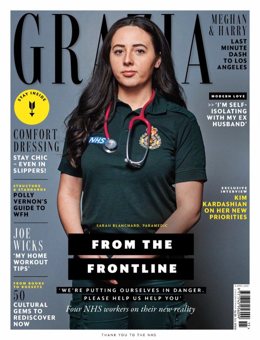 pressgazette's tweet photo. Grazia dedicates the front of four split covers for today's magazine to the NHS with portraits taken in minutes in hospital car parks with social distancing measures in place before the subjects got straight back to work. Digital issues are being given away free to NHS workers https://t.co/FsR3FM55yS
