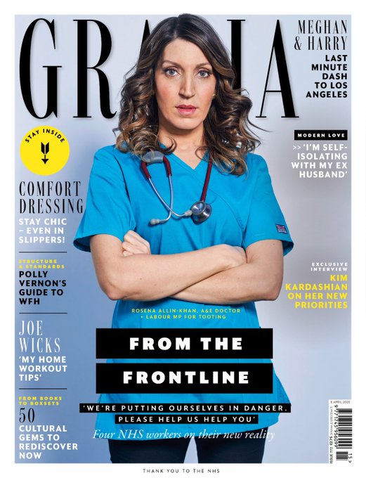 pressgazette's tweet photo. Grazia dedicates the front of four split covers for today's magazine to the NHS with portraits taken in minutes in hospital car parks with social distancing measures in place before the subjects got straight back to work. Digital issues are being given away free to NHS workers https://t.co/FsR3FM55yS