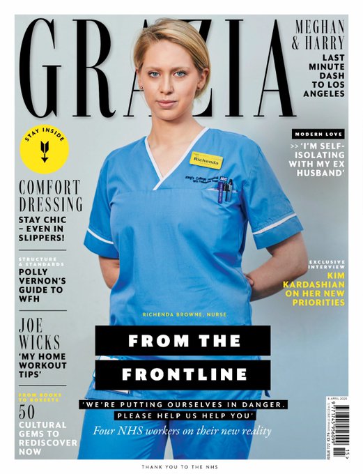 pressgazette's tweet photo. Grazia dedicates the front of four split covers for today's magazine to the NHS with portraits taken in minutes in hospital car parks with social distancing measures in place before the subjects got straight back to work. Digital issues are being given away free to NHS workers https://t.co/FsR3FM55yS