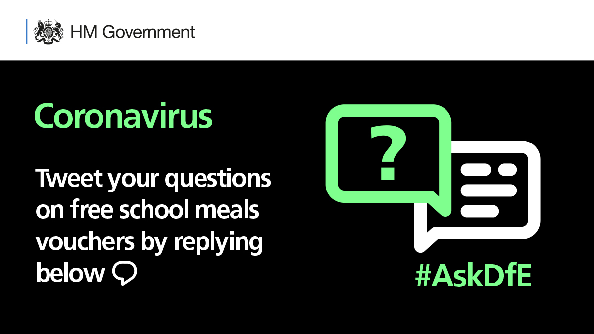 Do you need help finding DfE coronavirus guidance? Let us know any ❓ you have about free school meal vouchers.

📱 We will read all your questions &amp; reply wherever possible by the end of the day.

🔈 Please tweet your ❓ as replies below.

⚠️ Don't share personal info.