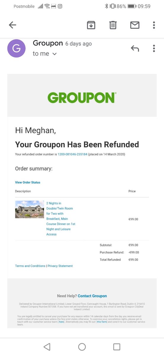 SophieTyner's tweet photo. @GrouponIreland by only giving me “groupon credits” you are supporting yourselves not local businesses. The Auburn Lodge couldn’t have been more helpful in trying to get me the refund. #notinpressed https://t.co/B8we8rL8DY