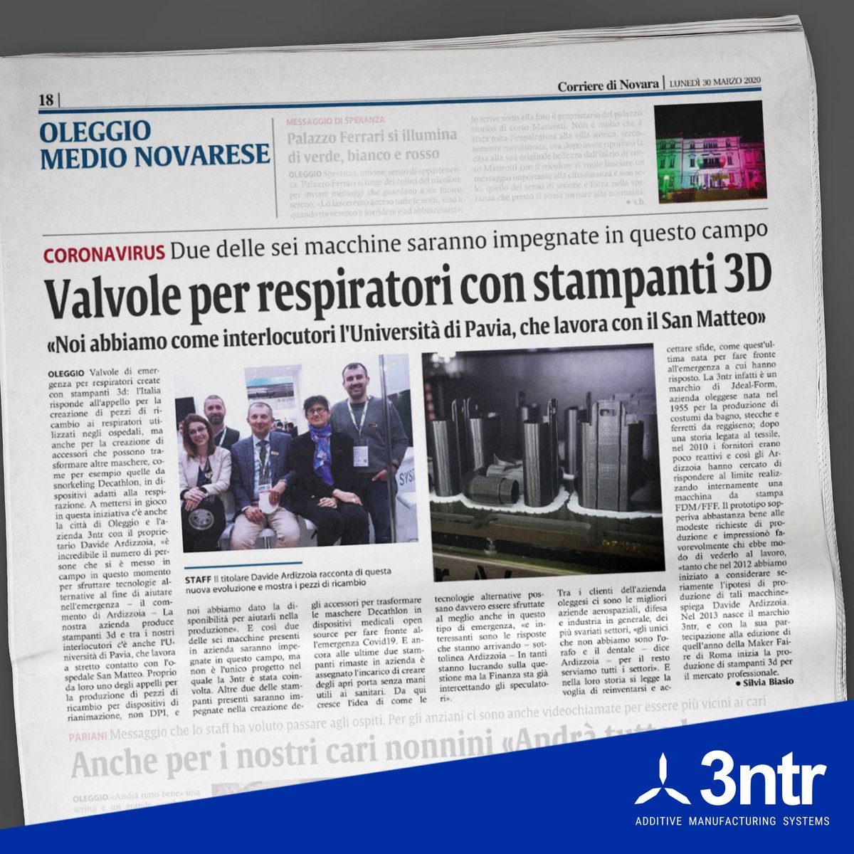 3ntr_Official's tweet photo. Valves for respirators with #3dprinters: our printers engaged together with the University of Pavia in aid of the S. Matteo Hospital, the concrete contribution of #3dprinting in the struggle for #life
_
#3ntr #notoyshere #coronavirus #3dprint #additivemanufacturing #medicaldevice https://t.co/VeDiQEdVvS