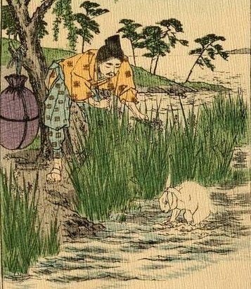 The poor rabbit was begging for help. All the brothers were cruel, and told the rabbit to bathe in salt water, which of course left him in more pain. The youngest brother, Okuninushi, was gentle-hearted and helped the rabbit by suggesting a soothing balm to relieve his pain.2/5