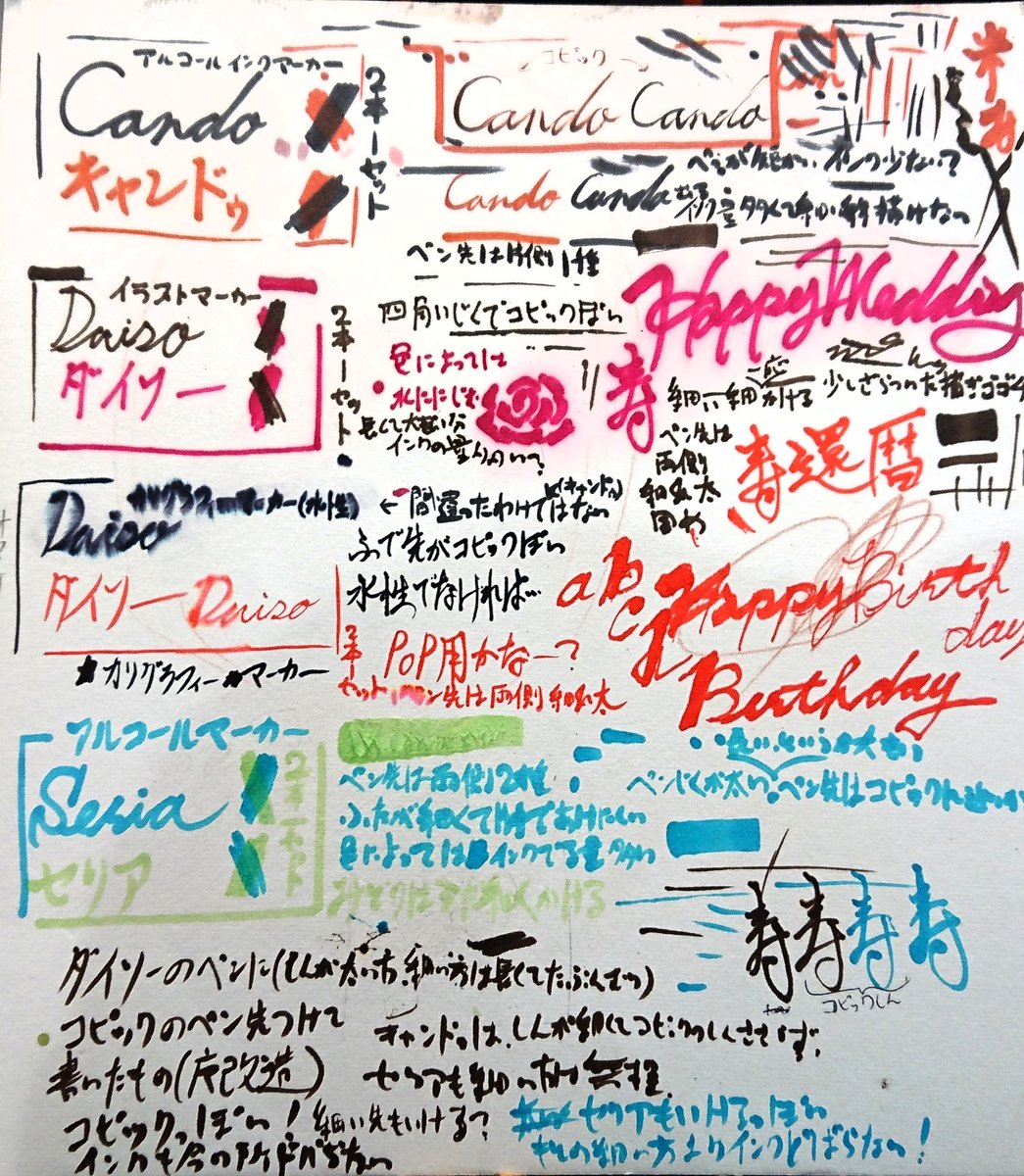 タカマサ 似顔絵 ダイエット中 コピック インクが高くなるので 100均のコピックぽいペンを試してみることに 使用用途は主線 文字用 色数は比較せず キャンドゥ ペンが短く細い ペン先は片側1種 色によりインク量多く細い線が描けない ペン先は