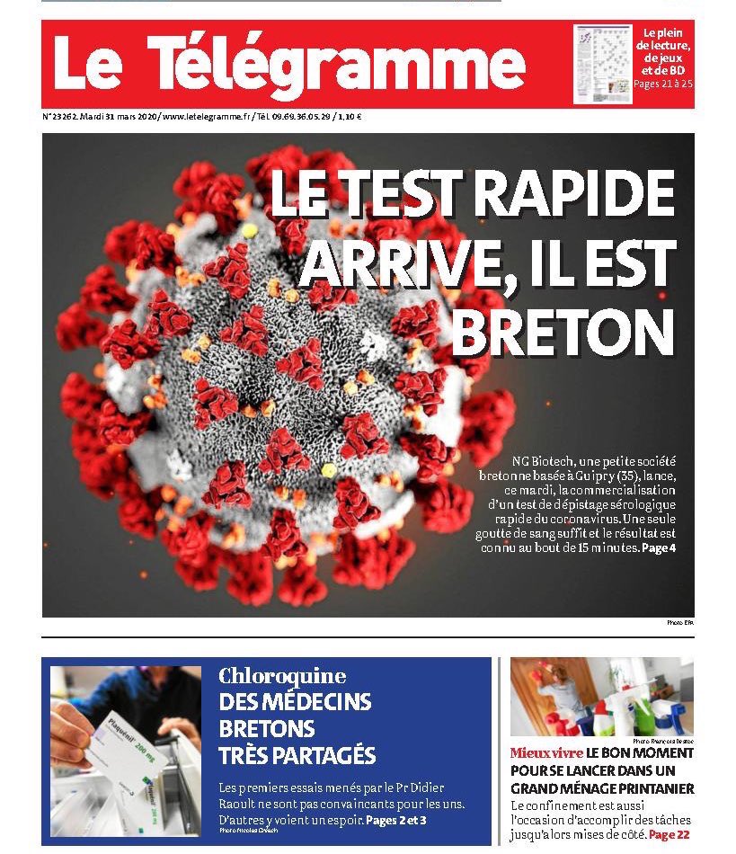 mMeyrier's tweet photo. Le dépistage du #COVID19 peut désormais se faire en quelques minutes à partir d’une simple goutte de sang !
@NGBiotech_EN, prometteuse entreprise bretonne, aura mis quelques jours pour mettre au point ce test. Place désormais à la production en @regionbretagne.
Bravo à eux👏👏👏 https://t.co/JBsllzyqYg