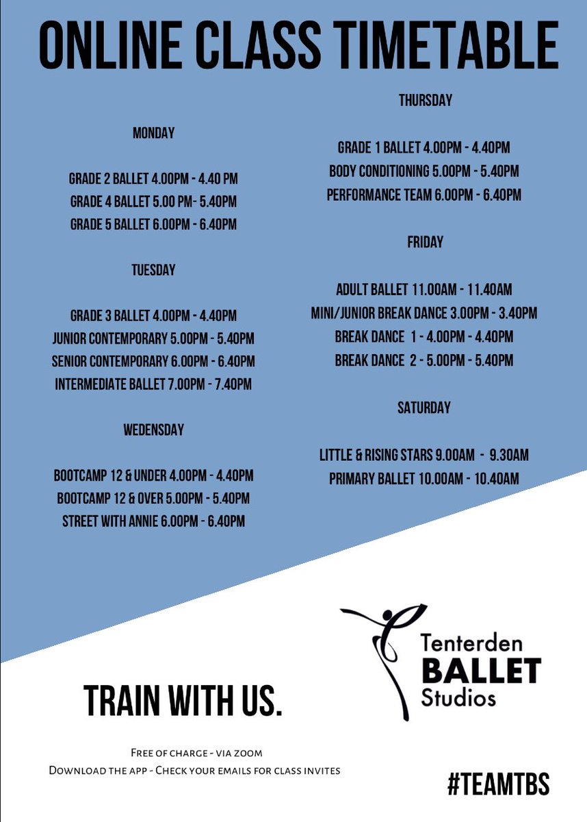 Please see NEW updated timetable for online classes going forwards. Please feel free to join bootcamp and body conditioning whether you attend these classes or not these are additional for our students to keep moving! #teamTBS #tenterden