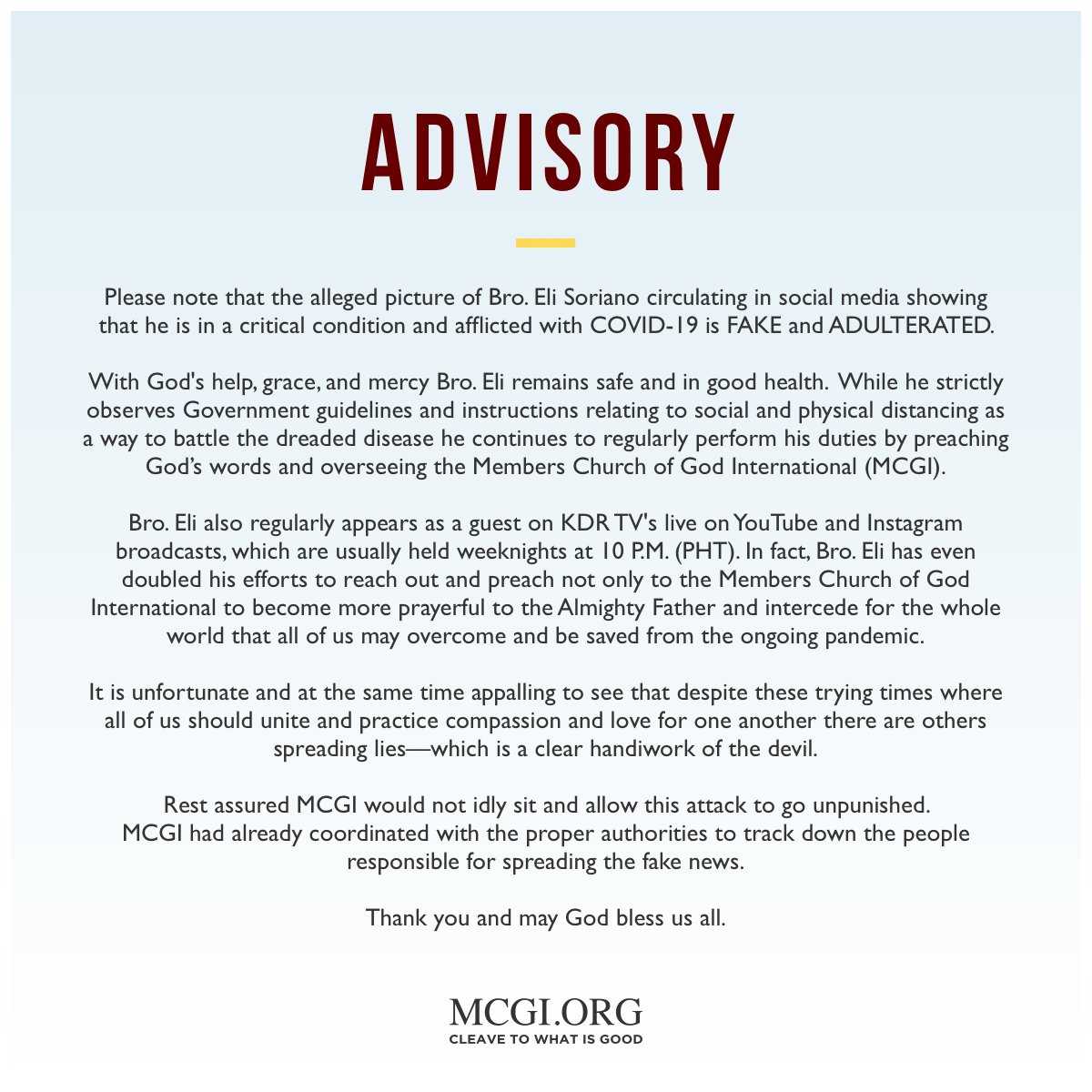 mcgidotorg's tweet photo. ADVISORY: Please note that the alleged picture of Bro. Eli Soriano circulating in social media showing that he is in a critical condition and afflicted with COVID-19 is FAKE and ADULTERATED. https://t.co/m64YFjZHLn
