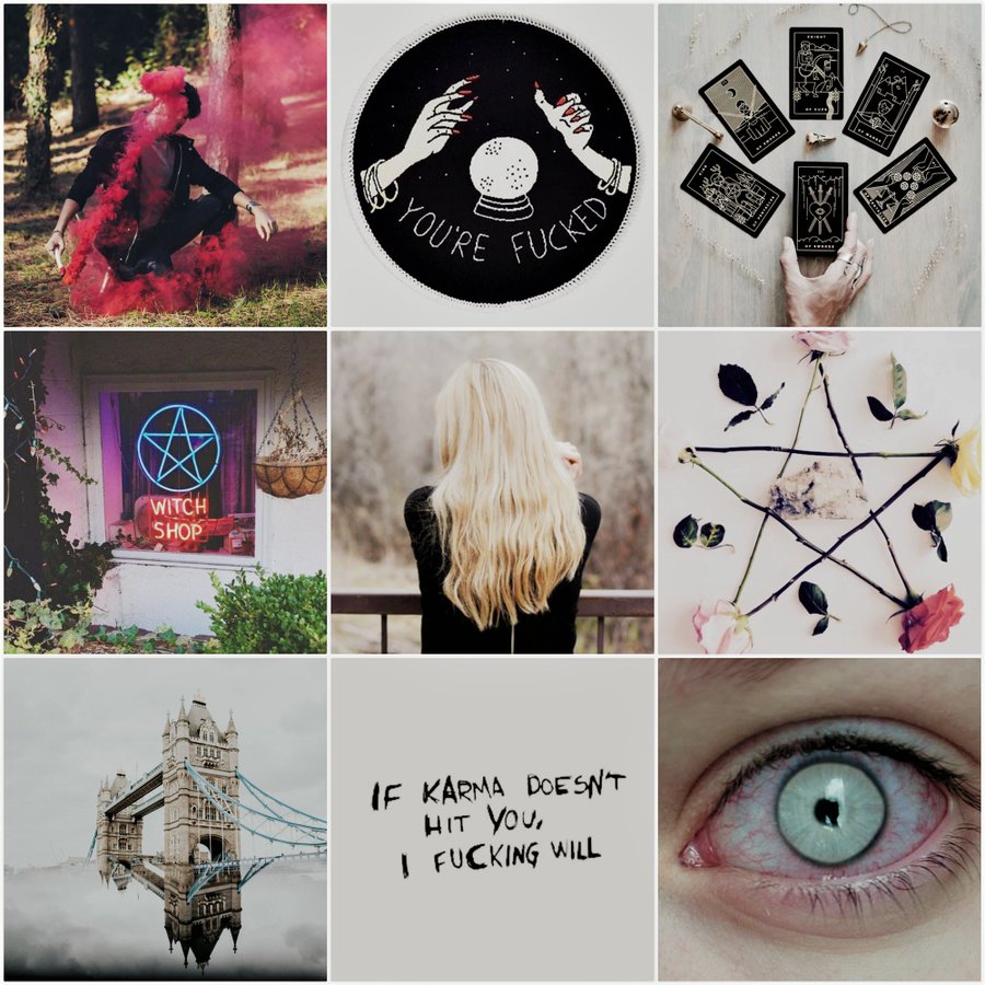 A collage for my WIP Intoxicated, showing 9 pictures of the Tower Bridge, an eye, a witchy shop, a blond girl seen from behind and a tarot deck