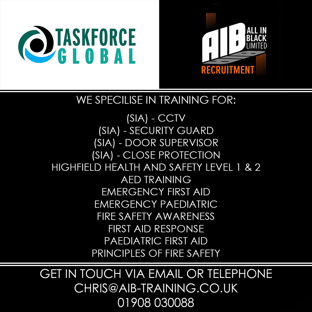 AIBRecruitment1's tweet photo. All In Black have a sister training company Taskforce Global who provide courses such as SIA DS, CP and First Aid. Get in touch for more information 01908 030088 or chris@aib-group.co.uk #AllInBlack #Recruitment #TaskforceGlobal #SIATraining https://t.co/sIlXjt5iKy