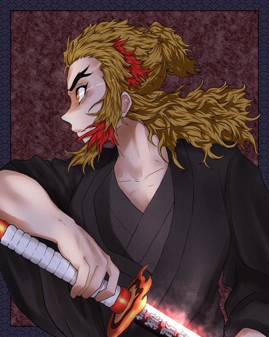 もつなべ☠️アニメYouTuber/イラストレーターさんがTwitterに投稿した煉獄杏寿郎(鬼滅の刃)のイラスト。