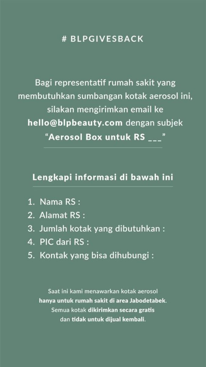s_ddablue's tweet photo. Untuk teman-teman yang bekerja di rumah sakit, punya kenalan atau siapa saja boleh bantu sebarkan info dari BLP Beauty, tempat aku bekerja ya. Semoga info ini dapat diterima bagi pihak yang membutuhkan. Sehat-sehat semuanya! ❤ #BLPGIVESBACK #BLPBEAUTY #COVID19 #COVID19indonesia https://t.co/qrYTIRcU0l