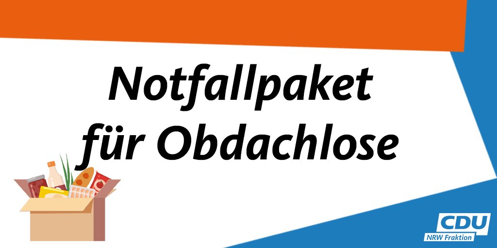 CDUNRW_Fraktion's tweet photo. Mit 500.000 Euro leistet das Land @MAGS_NRW in der #Coronakrise Soforthilfe für die Versorgung von #Obdachlose|n. Das #Notfallpaket ist für Lebensmittel, Essensgutscheine, Hygieneartikel oder Kleidung vorgesehen. Das Geld kommt aus der Landesinitiative "Endlich ein ZUHAUSE". https://t.co/VK936dJGEg