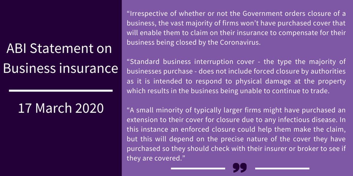 Policyfast's tweet image. #ICYMI: The ABI has made an important statement on business interruption cover to give further clarity on where businesses stand in these unprecedented #coronavirus times.

This could be vital information for both you and your clients.

#businessinterruption #businessinsurance