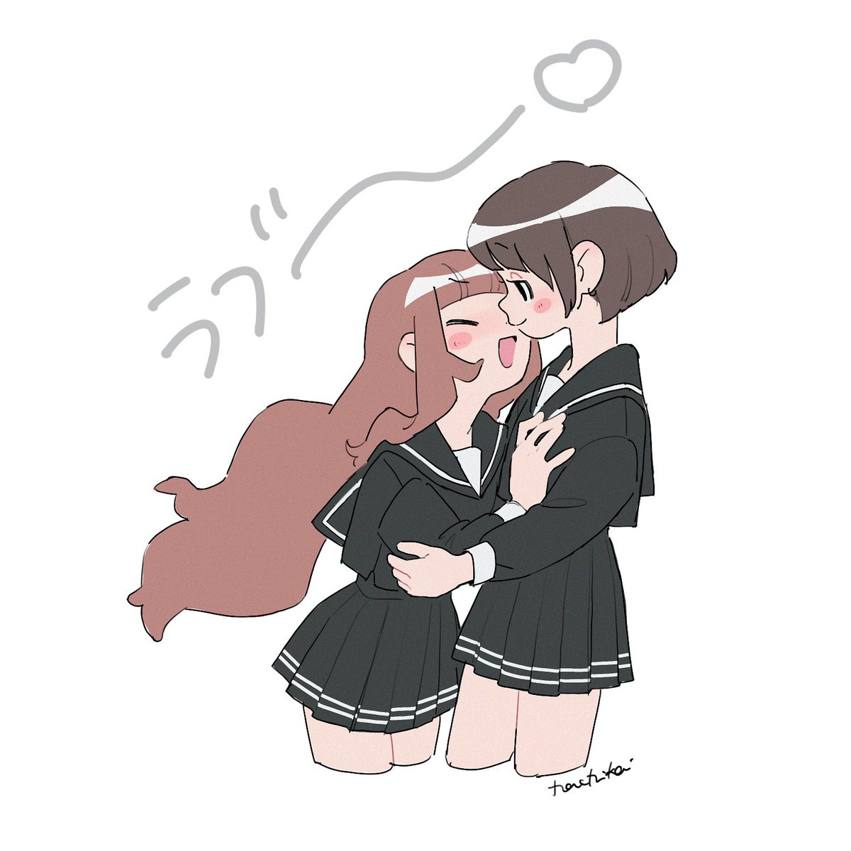 2girls multiple girls brown hair yuri school uniform short hair long hair  illustration images