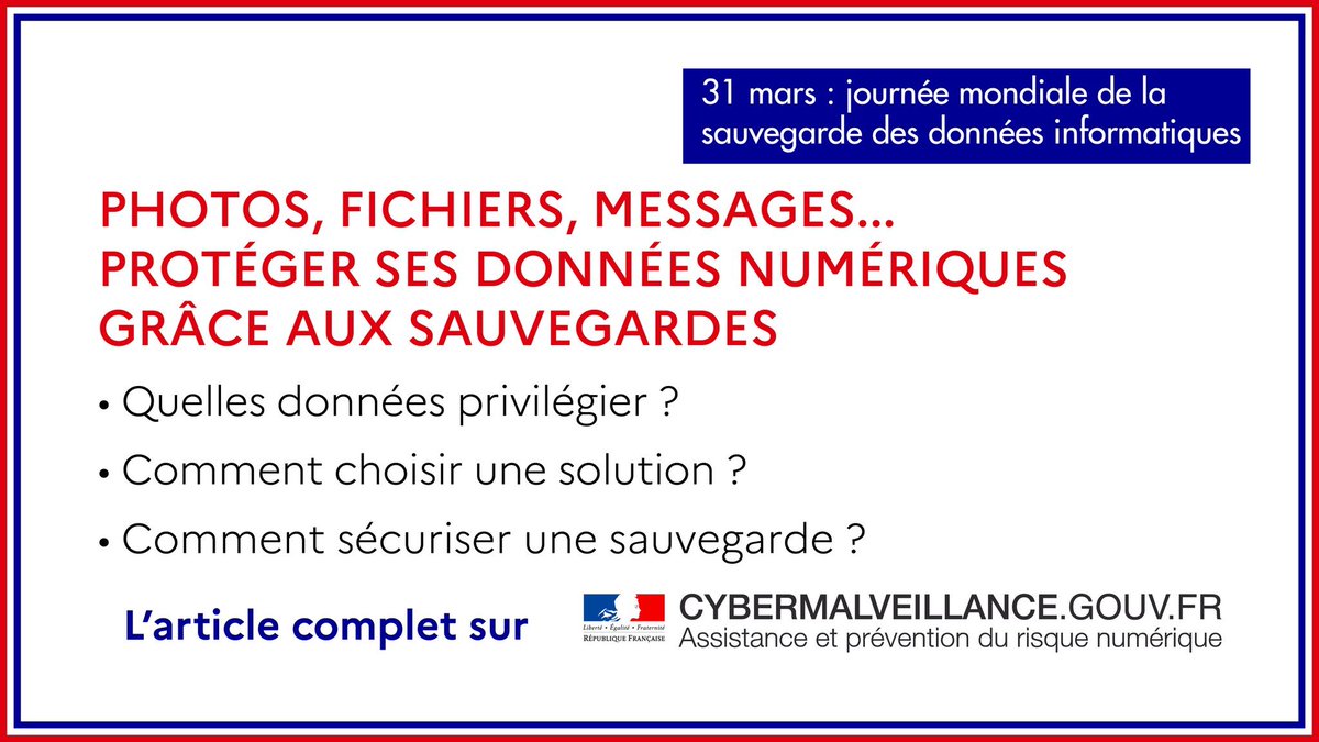 CyberTerritoire's tweet photo. #mardiconseil 📣 Aujourd’hui, c'est le #WordBackUpDay : à l’heure où les cyberattaques se multiplient, un réflexe #numérique d’autant plus indispensable !!!
👉 Retrouvez sur @cybervictimes les règles d’une #sauvegarde réussie
#securitenumerique https://t.co/BTSuitPkbN
