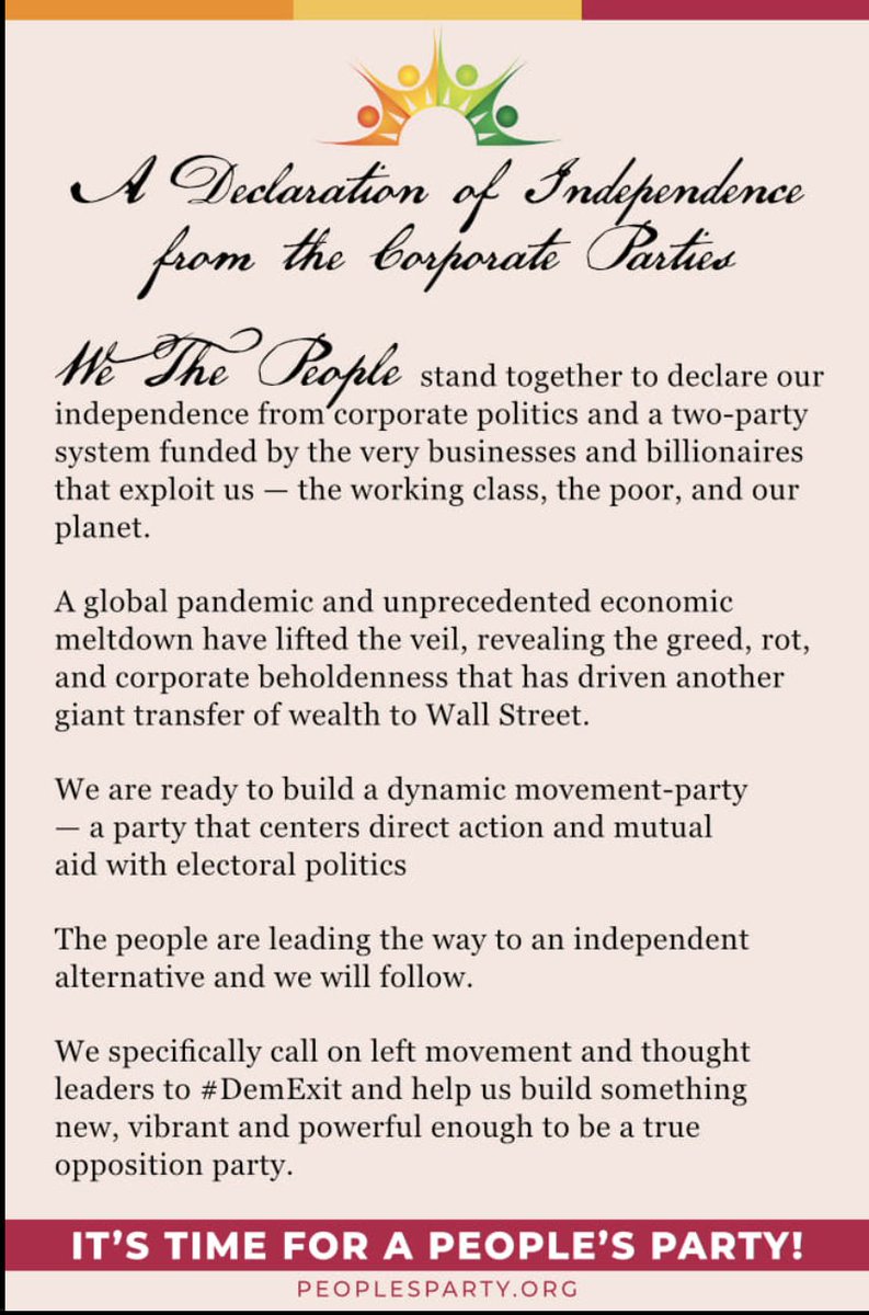PeoplesParty_US's tweet photo. Our Declaration of Independence from the Democrats. Declare your #DemExit by signing up at the link below. Our goal is 10,000 this week. #PeoplesPartyNow #SystemChange
https://t.co/16q2FDhxoy https://t.co/B7Hiih5Chq