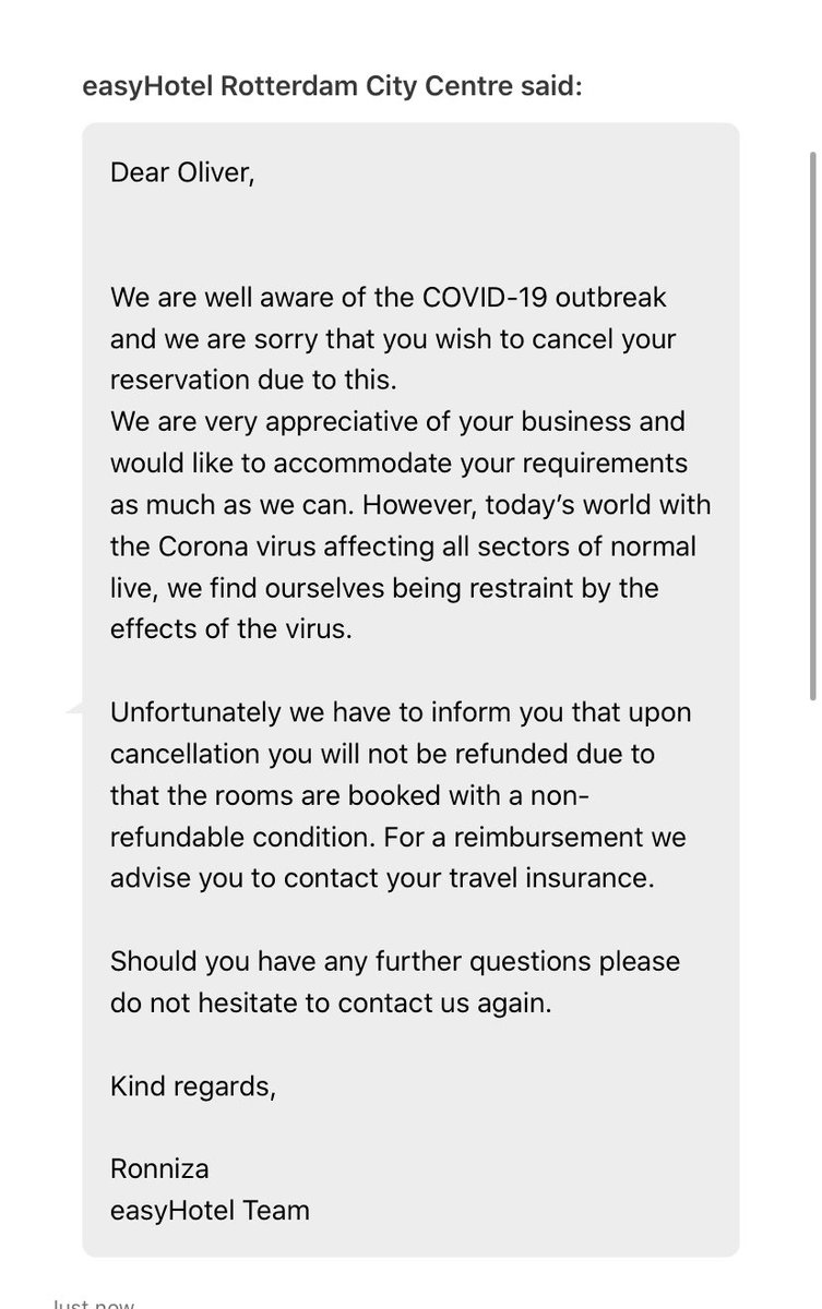 wrightyos's tweet photo. Won’t be using this again, won’t refund even though there is a pandemic!!! #booking.com #easyhotel #coronavirus https://t.co/0fypQ6fKA0