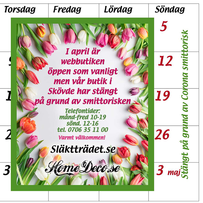 HomeSlakttradet's tweet photo. Vi kör på som vanligt i april, enda skillnaden är att vi träffas inte fysiskt i butiken. Varmt välkomna!
#släktforskning #släktträd #släktträdet #homedeco https://t.co/Hg4NEM56Io