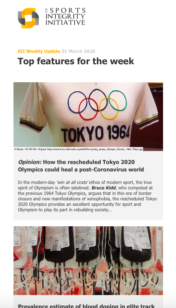 Sport_Integrity's tweet photo. THE SII WEEKLY - 31 March 20: How Olympics could help heal a post-Covid-19 world; Scientific study: blood doping in endurance events btw 15% &amp; 18% at #Daegu2011 &amp; #Moscow2013; Hockey Canada VP sanctioned; Russians CAS appeal &amp; more: https://t.co/Kwu4r5g28i https://t.co/vB5qg1LdU4