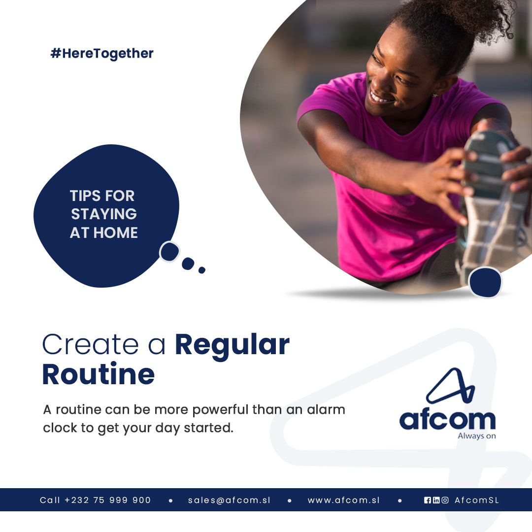 AfcomSl's tweet image. A routine can be more powerful than an alarm clock to get your day started.

It might be meditation, stretches, getting dressed like you are going out or that sweet morning cup of coffee.

We are #HERETOGETHER #AfcomSL #SierraLeone
