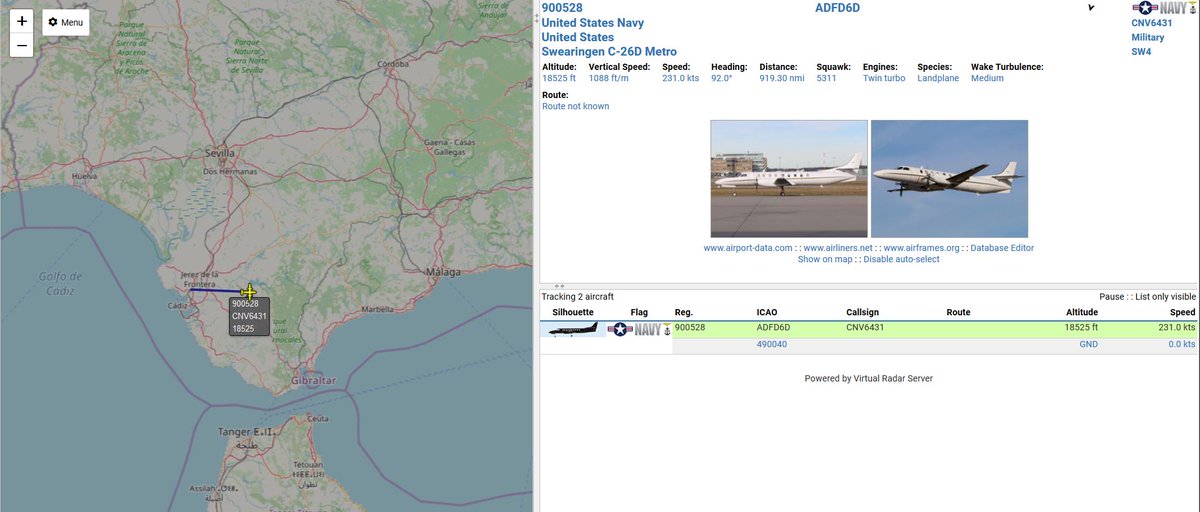 civ_pt's tweet image. United States Navy 🇺🇸

900528, #CNV6431, Swearingen C-26D Metro, FL190
Airborne from Rota Airbase, Inbound West #LERT #ROZ

#potn #planespotting #virtualradar #ADSB #avgeeks #avgeek #USNavy