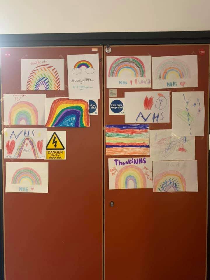 sophstocks2202's tweet photo. @crcprimary Jude and some of his friends have done beautiful rainbows to go up on my ward. 
We call it our wall of hope 🌈💙 
#morristonhospital #wardf #covid19 #rainbowsofhope https://t.co/FZhPDvfaEU