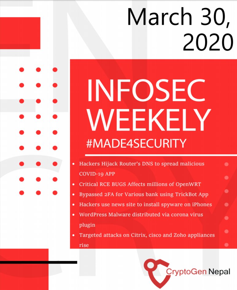 Get updated on cyber security events with this week's infosec-weekly by #CryptoGenNepal
#Made4Security
#ProjectSayCure #StaySayCure #SayCure
#CyberSecurity #CyberAware #Share2Learn #MadeForSecurity

Download Link:
infosec.cryptogennepal.com/2020/03-March/…