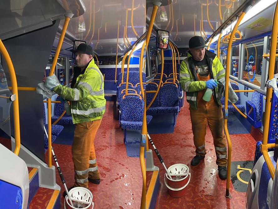 Here's Chris, one of our night workers and #BusHeros, keeping our buses clean and safe. #ProudToServe the #KeyWorkers of #GreaterManchester #ThankYou #StaySafe