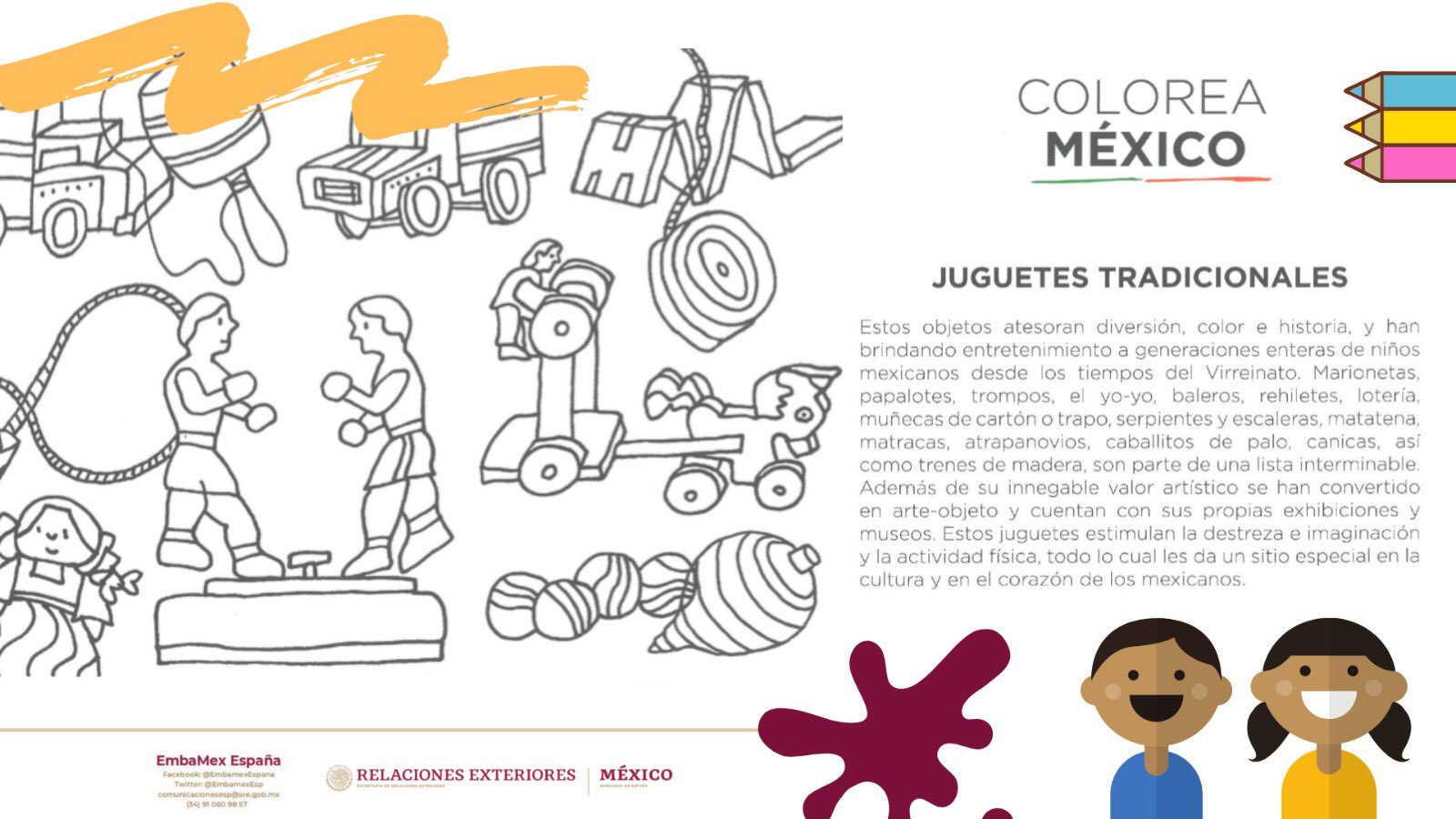 Instituto Cultural de México en España auf Twitter: „Colorea los Juguetes  Tradicionales mexicanos y conoce más sobre nuestra cultura, tradiciones e  historia. Invitamos a niñas y niños 👧🏻👦🏽🧒🏼 a descargar el libro '