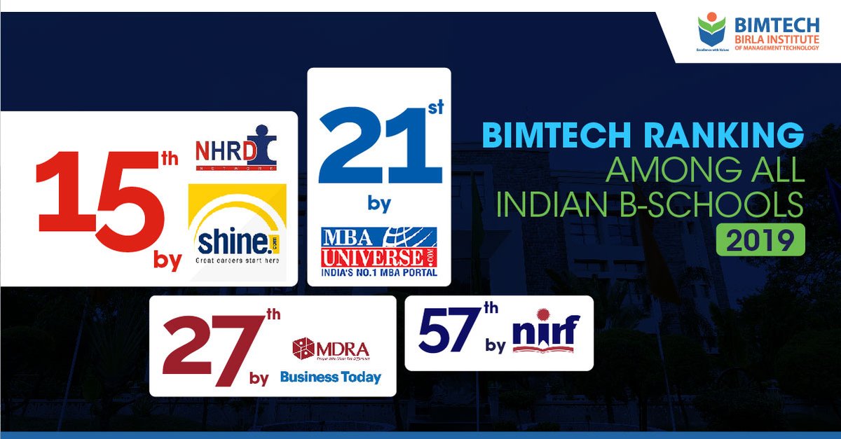 BIMTECH is consistently ranked among the top BSchools in India. “Excellence with Values” is our credo which is always driving our activities. Here are some of our prominent rankings.

#BSchoolRanking #TopBSchools #Rankings