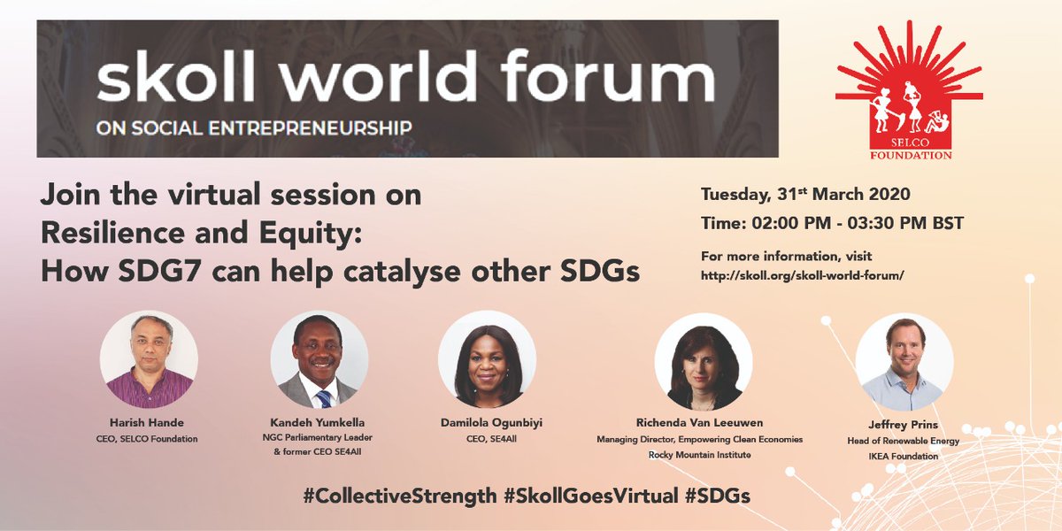 Today at 6:30 PM IST, join Skoll's virtual session on Resilience & Equity - how #SDG7 can help in building an ecosystem needed to meet other #SDGs. Increased productivity, opportunities & assets for the under-served. #CollectiveStrength #SkollGoesVirtual
bit.ly/2wKwVmv