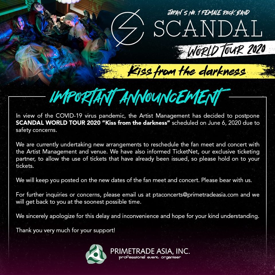 NewFrontierPh's tweet photo. π¨To all the SCANDAL fans out there! Here's an important announcement regarding SCANDAL WORLD TOUR 2020 "Kiss from the darkness" in Manila.
You can read the official announcement from the artist's management via: https://t.co/42jvUiQ2Zi
Stay safe everyone!
#SCANDALMNL2020 https://t.co/fiJro3NLmR