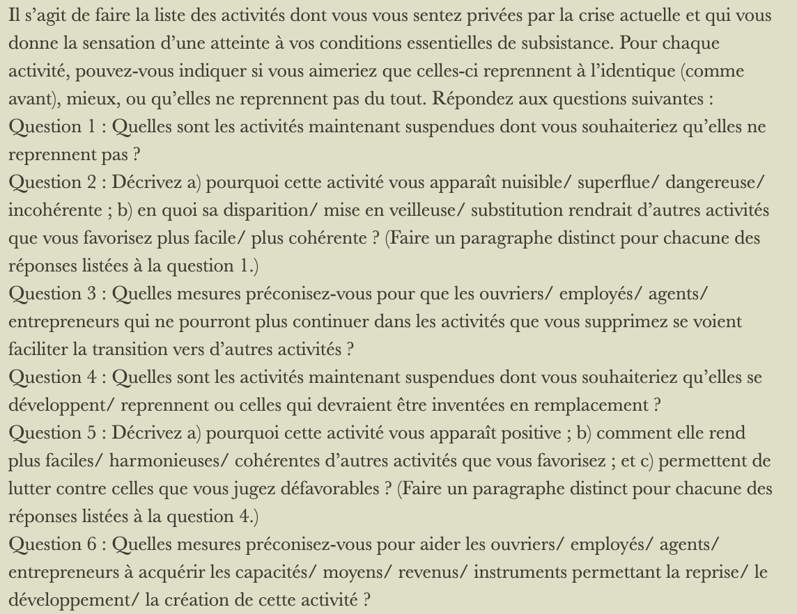 « Exercice pour préparer l'après crise sanitaire pour être sûr que tout ne reprenne pas comme avant » par Bruno Latour
bruno-latour.fr/fr/node/851