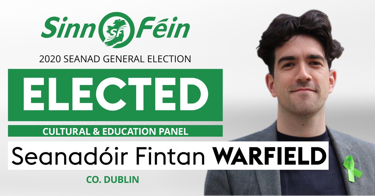 Sinn Féin's @fintanwarfield has been re-elected to the Seanad Comhghairdeas Fintan, tofa chuig an 26ú Seanad ar an Rolla Saíochta agus Oideachais #Seanad2020 #SeanadElection