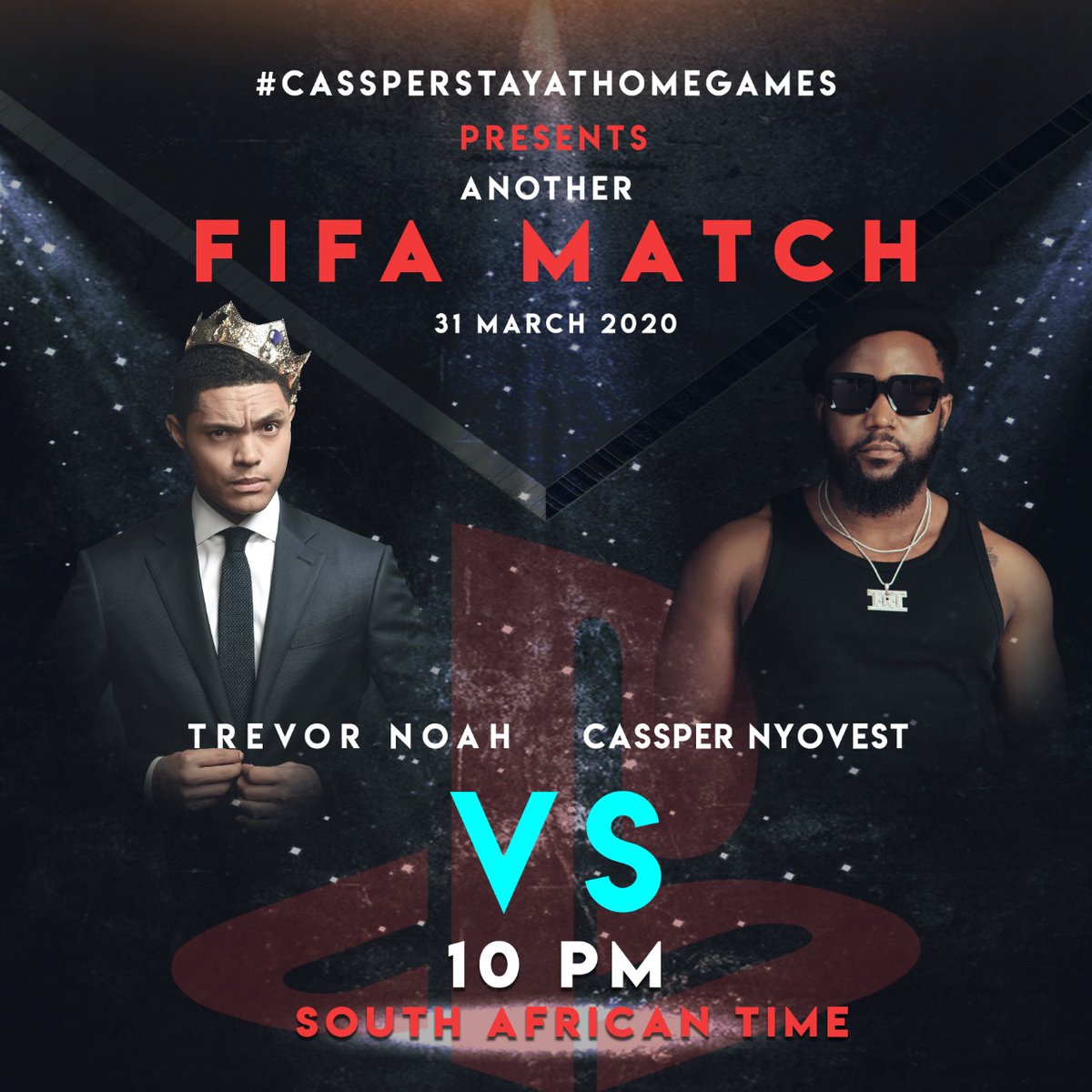 casspernyovest's tweet photo. BREAKING!!!! Big match tonight at 10pm. .@Trevornoah will be playing Cassper Nyovest on Fifa 20. This game will be streaming live on all my social media platforms. Also trying to stream it on YouTube. Make sure you STAY AT HOME and catch the action live!!! #CassperStayAtHomeGames https://t.co/jdl5ObYm9y