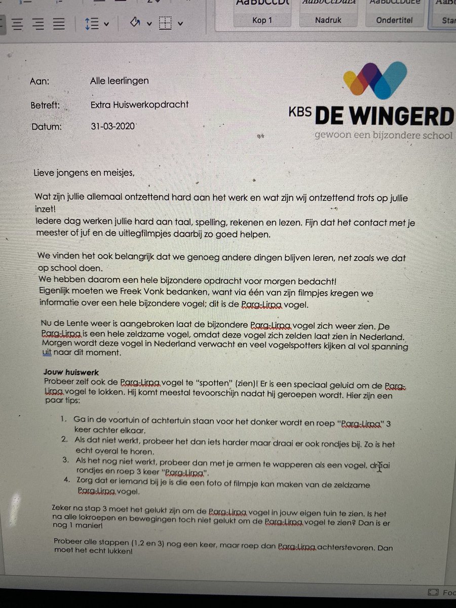 Vandaag hebben alle leerlingen <a href="/kbsdeWingerd/">De Wingerd</a> @SKOfv een extra huiswerkopdracht ontvangen. We zijn benieuwd wie morgen de bijzondere Parg-Lirpa vogel weet te spotten? <a href="/freekvonk/">Prof. dr. Freek Vonk</a> stuur jij ook een filmpje over hoe jij deze bijzondere vogel hebt gespot?