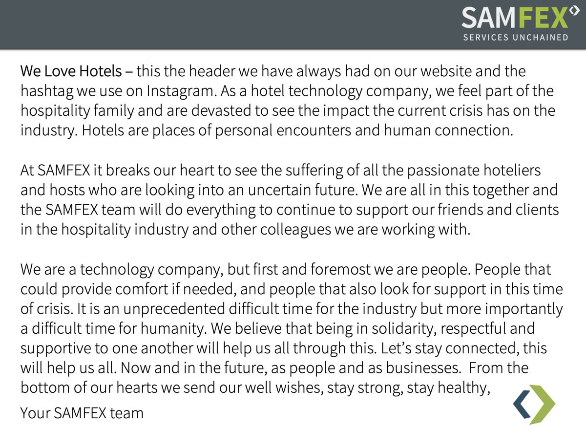 Stay healthy and safe! Times of #coronacrisis let’s stay together and #StayStrong , your #samfex #hoteltech team