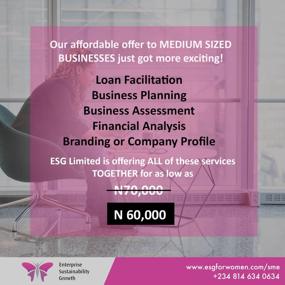 esgforwomen's tweet photo. Good news!
There is now a bouquet for medium sized businesses. ESG Limited is offering all of these services together for as low as N60,000.
Call 08146340634 or DM us to make more enquiries.
#entrepreneurs
#mediumsized
#femaleentrepreneurs https://t.co/C5mVFgPXou