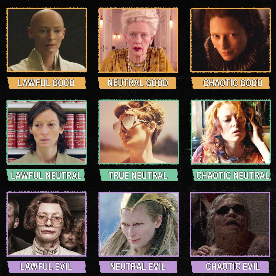 primevideouk's tweet image. Tilda Swinton as Alignment Chart: which one are you? 
#alignmentchart