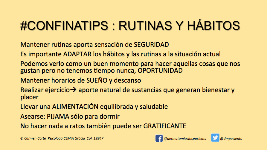 dmpacients's tweet photo. 1/6💡#confinaTIPS Hoy: #PSICOLOGÍA 
Estrategias para un #confinamiento más llevadero, por Carmen Corte, psicóloga en el CSMiA Gràcia (Barcelona).
➡️RUTINAS Y HÁBITOS
¡Comparte y #EsparceSalud!
#Dermatomiositis #MiopatíasInflamatorias #Autoinmunes
#COVID19 #QuedateEnCasa https://t.co/FNppZyqAMa