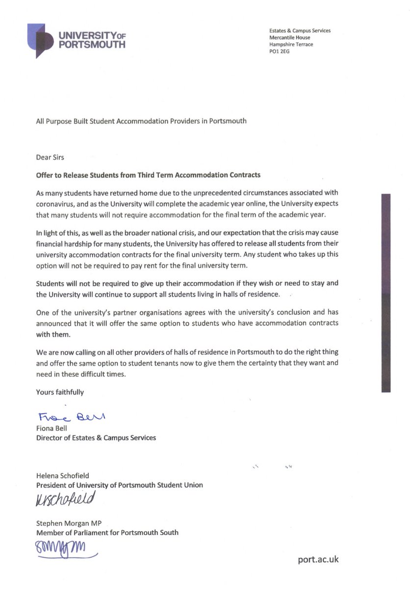I’ve teamed up with <a href="/portsmouthuni/">University of Portsmouth</a> <a href="/portsmouthsu/">UPSU</a> in calling on student accommodation providers in #Portsmouth to release students from their contracts. It’s time for housing providers to do the right thing to stop hardship👇🏻
