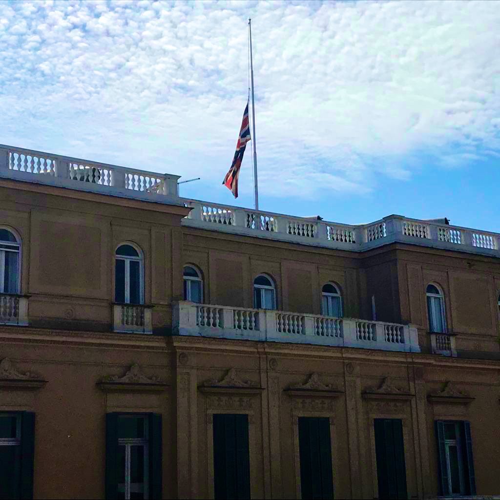 UKinItaly's tweet photo. Our 🇬🇧flags were flying half-mast today in sign of solidarity with the families of those who have lost their loved ones to #Coronavirus in Italy🇮🇹 and across the globe. https://t.co/X2MAvtzETD