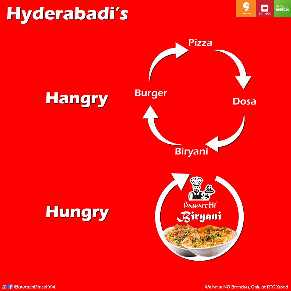 #TopicalPost #BawarchiBiryani

When the HANGRY Hyderabadi's thinks for food > Biryani>Burger>Pizza>Dosa… But when HUNGER strikes >>BAWARCHI Since 1994 BIRYANI ONLY<<<

Note: We have NO Branches | Beware of Fake Bawarchi!
Location: RTC X Road
Deliver : Swiggy Uber Eats Zomato
