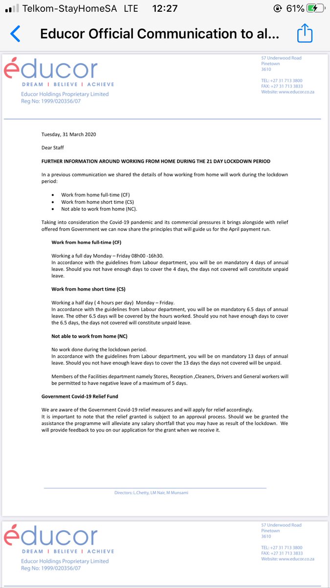 simpiwendlovu's tweet photo. @CyrilRamaphosa @deptoflabour @DrZweliMkhize @JacksonMthembu_ Kindly assist Educor under Dameli is mistreating employees and using Covid19 lockdown as a tool not to pay employees month end. This is bad and this company must comply! #Educor #Damelin https://t.co/rjRZtXdH9y