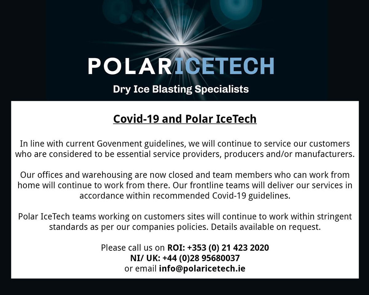 PolarIceTech's tweet photo. We're still operating. Government has classed our #disinfection &amp; #decontamination services as essential  for frontline &amp; essential services, manufacturers &amp; producers. If you need us, call us on +353214232020 or 442895680037 #covid19 #dryicecleaning #wereallinthistogether https://t.co/nbd8mzTBx5